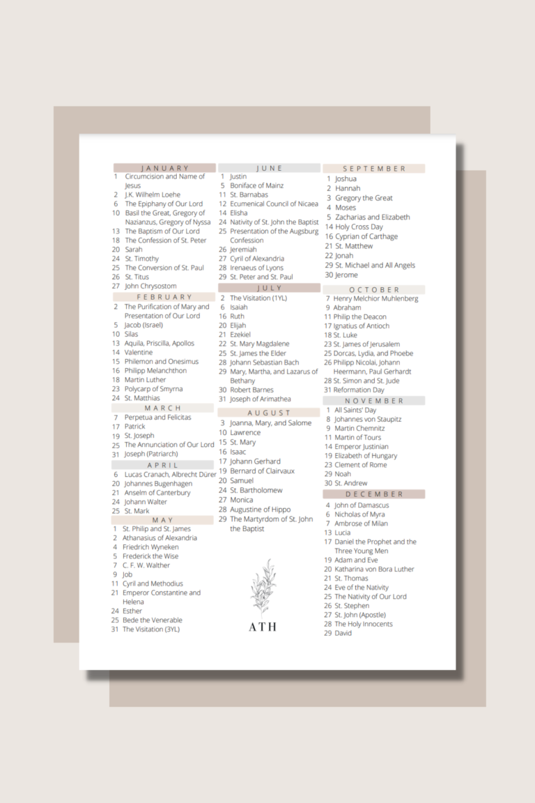 Annual Fixed Liturgical Dates Printable